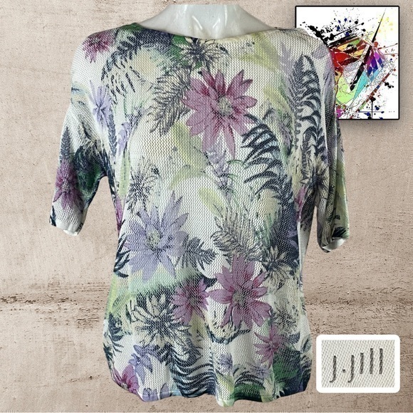 J Jill Loose Open Knit Floral Linen Short Sleeve Linen Shirt Size Medium T49 - Picture 1 of 10